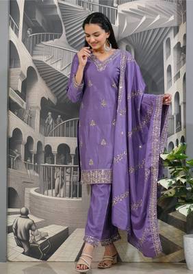 Lavender festive wear designer chinon  sequence embroidery work readymade suit 2