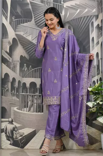 Lavender festive wear designer chinon  sequence embroidery work readymade suit