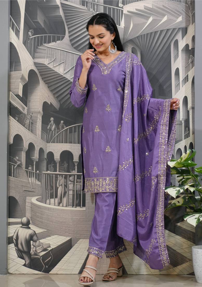 Lavender festive wear designer chinon  sequence embroidery work readymade suit