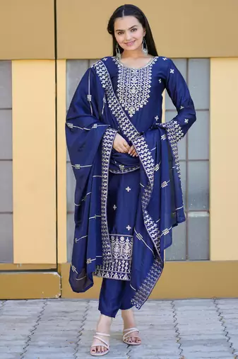 Navy blue festive wear designer chinon  sequence embroidery work readymade suit