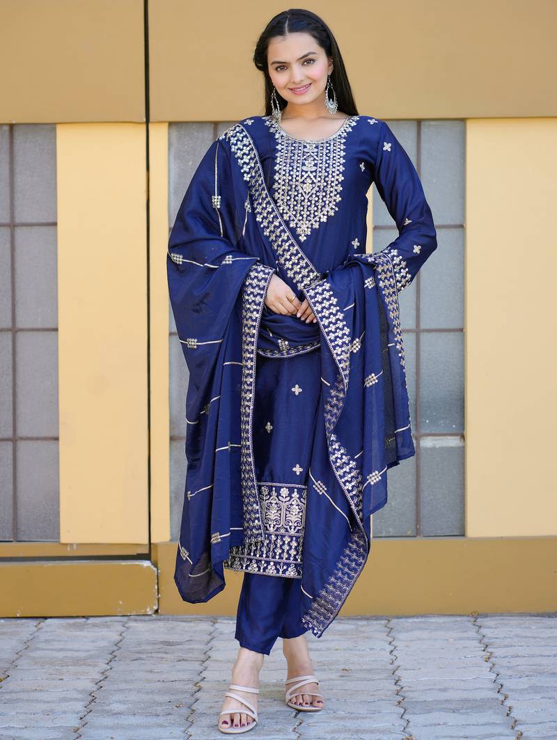 Navy blue festive wear designer chinon  sequence embroidery work readymade suit