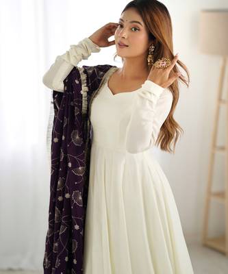 Cream festive wear designer heavy pure soft vichitra silk   readymade suit 3