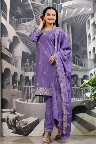 Lavender festive wear designer chinon  sequence embroidery work readymade suit