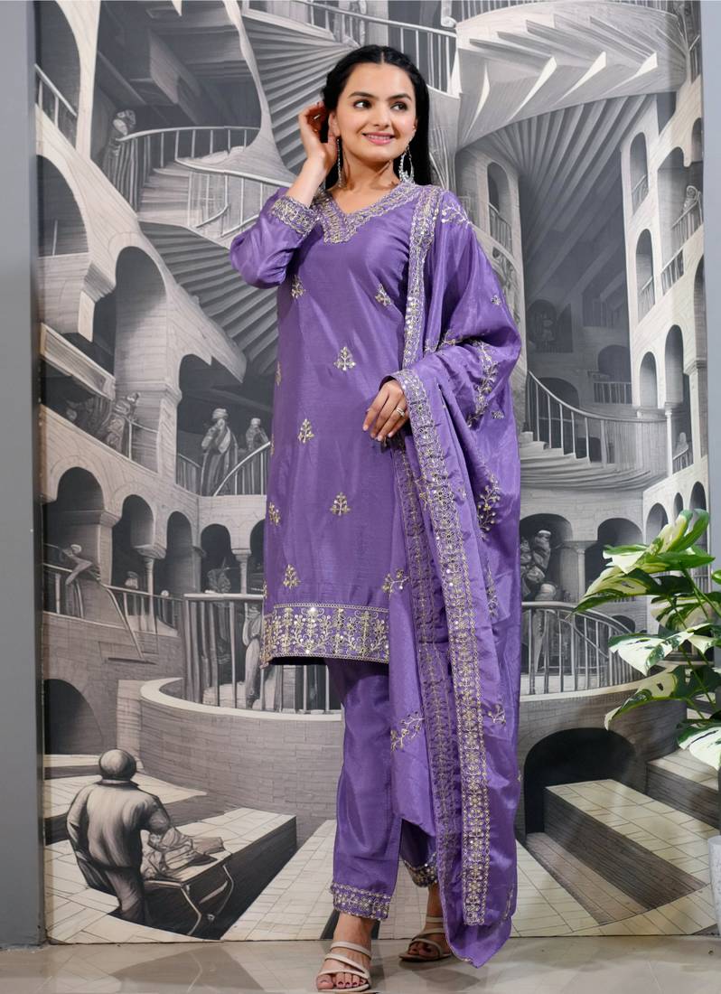 Lavender festive wear designer chinon  sequence embroidery work readymade suit