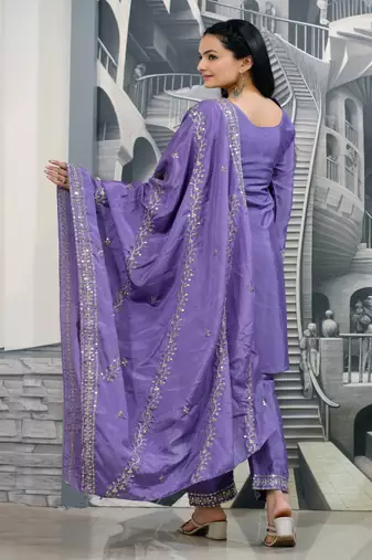 Lavender festive wear designer chinon  sequence embroidery work readymade suit