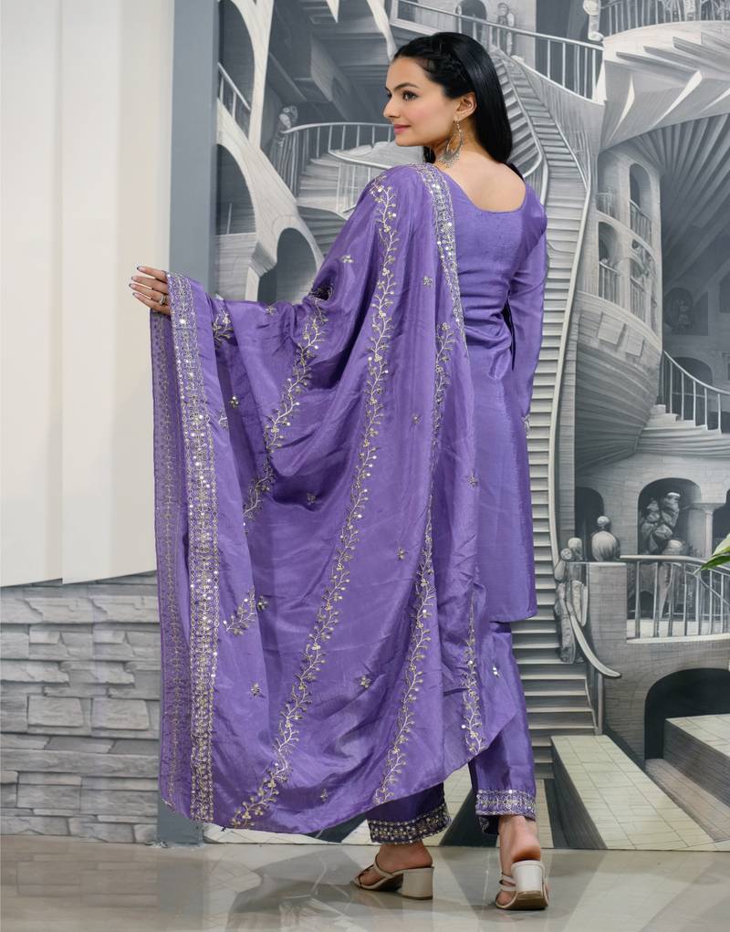 Lavender festive wear designer chinon  sequence embroidery work readymade suit