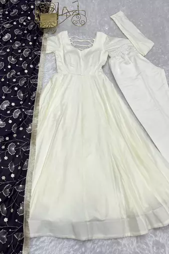 Cream festive wear designer heavy pure soft vichitra silk   readymade suit