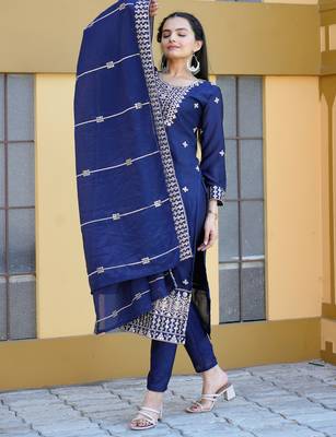 Navy blue festive wear designer chinon  sequence embroidery work readymade suit 2