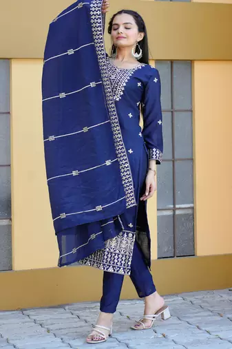 Navy blue festive wear designer chinon  sequence embroidery work readymade suit