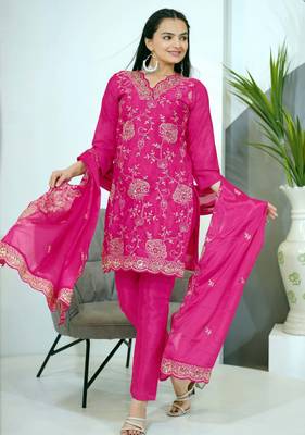 Pink festive wear designer chinon  sequence embroidery work readymade suit 1