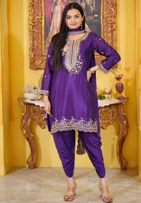 Purple festive wear designer chinon  sequence embroidery work readymade suit 1