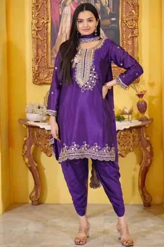 Purple festive wear designer chinon  sequence embroidery work readymade suit