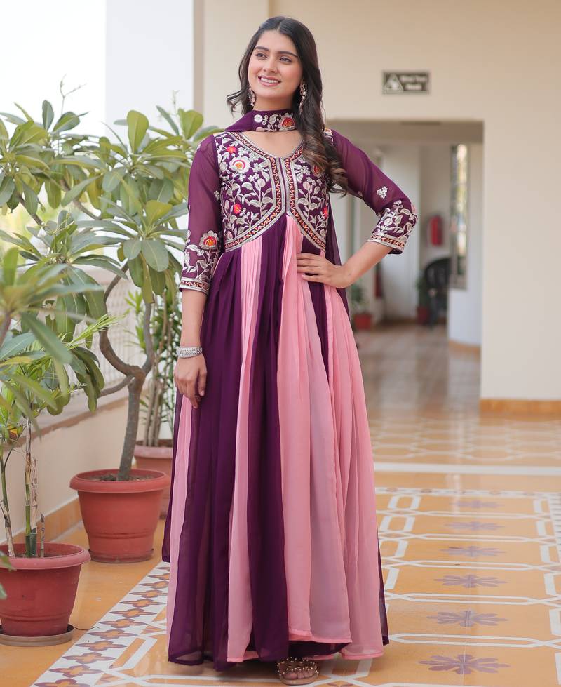 Multi festive wear designer fox georgette sequence thred embroidery work readymade suit