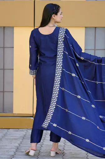 Navy blue festive wear designer chinon  sequence embroidery work readymade suit