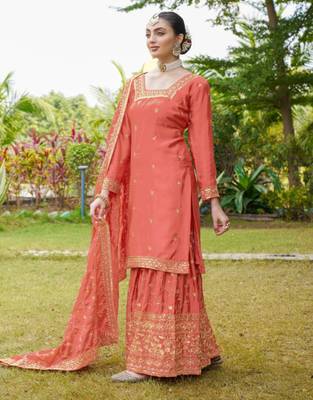 Orange festive wear designer chinon  heavy embroidery sequence work readymade suit 2