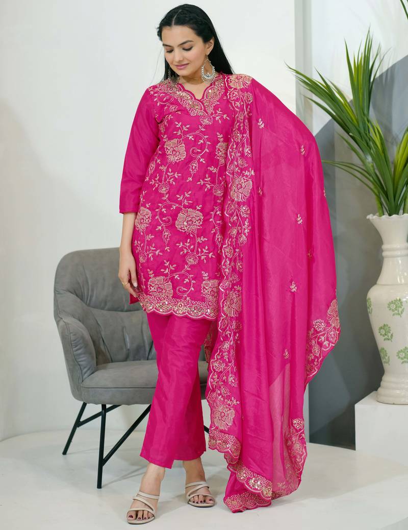 Pink festive wear designer chinon  sequence embroidery work readymade suit
