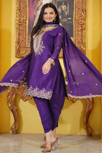 Purple festive wear designer chinon  sequence embroidery work readymade suit
