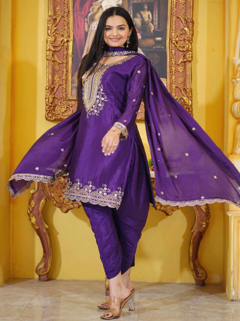 Purple festive wear designer chinon  sequence embroidery work readymade suit