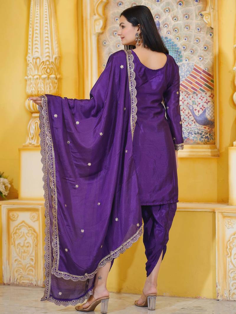 Purple festive wear designer chinon  sequence embroidery work readymade suit