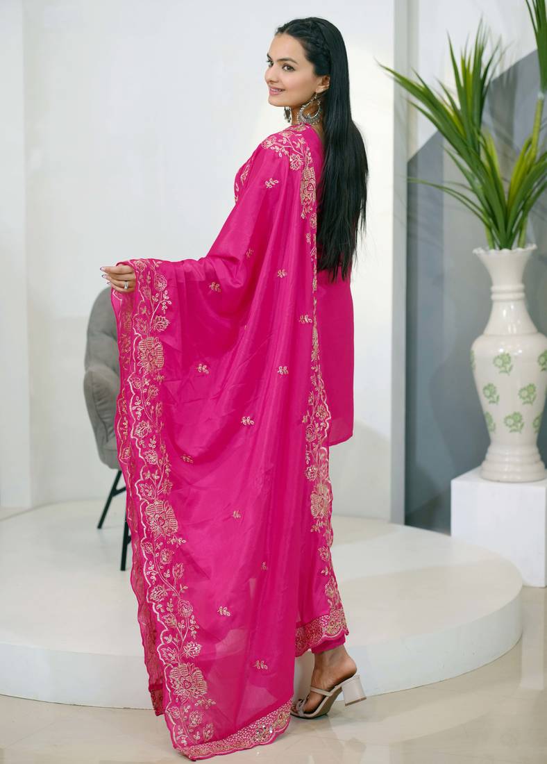 Pink festive wear designer chinon  sequence embroidery work readymade suit