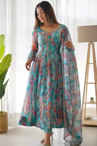 Multi festive wear designer heavy pure soft tabby organza silk flower print work readymade suit