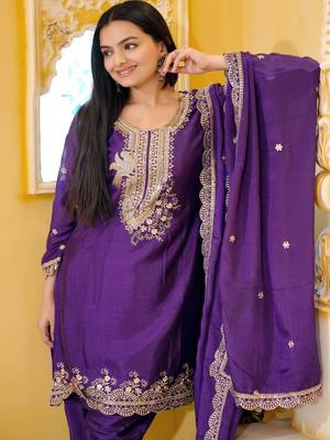 Purple festive wear designer chinon  sequence embroidery work readymade suit 4