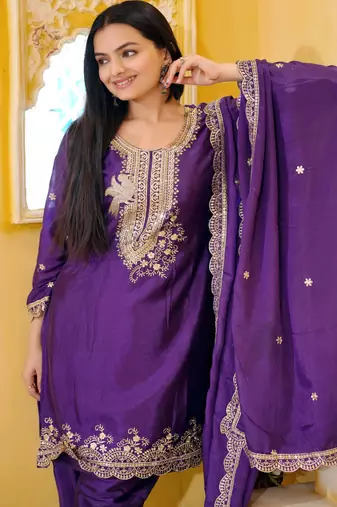 Purple festive wear designer chinon  sequence embroidery work readymade suit