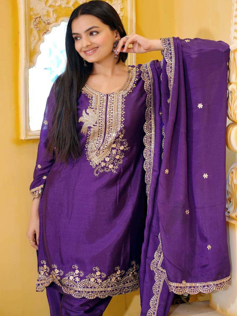 Purple festive wear designer chinon  sequence embroidery work readymade suit