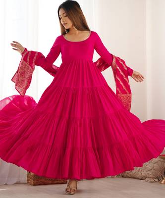 Pink festive wear designer heavy pure roman silk chanderi  readymade suit 1