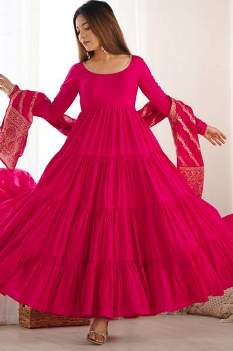 Pink festive wear designer heavy pure roman silk chanderi  readymade suit