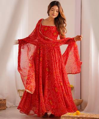 Red festive wear designer pure soft lightweight chiffon bandhej   readymade suit 1