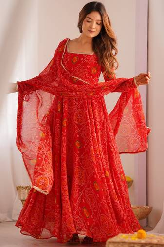Red festive wear designer pure soft lightweight chiffon bandhej   readymade suit