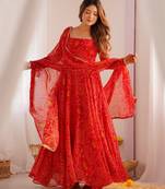 Red festive wear designer pure soft lightweight chiffon bandhej   readymade suit