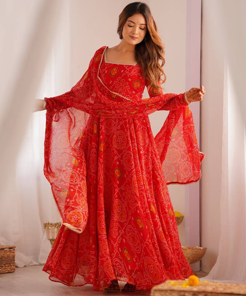 Red festive wear designer pure soft lightweight chiffon bandhej   readymade suit