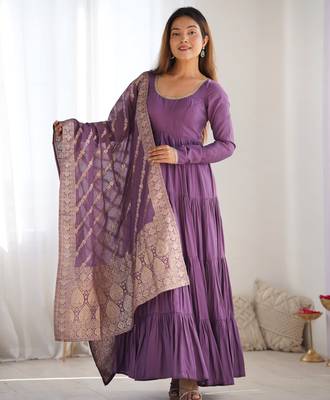 Mauve festive wear designer heavy pure roman silk chanderi  readymade suit 1