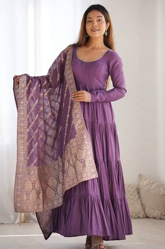 Mauve festive wear designer heavy pure roman silk chanderi  readymade suit