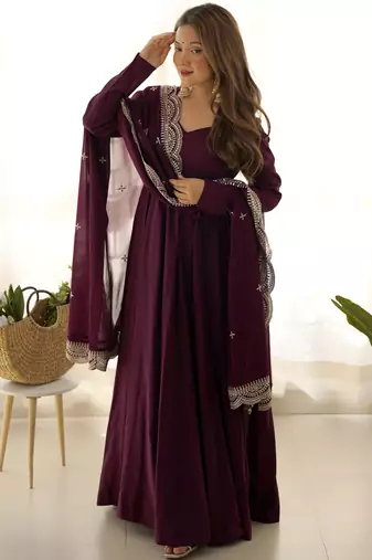 Wine festive wear designer heavy pure roman silk chanderi   readymade suit