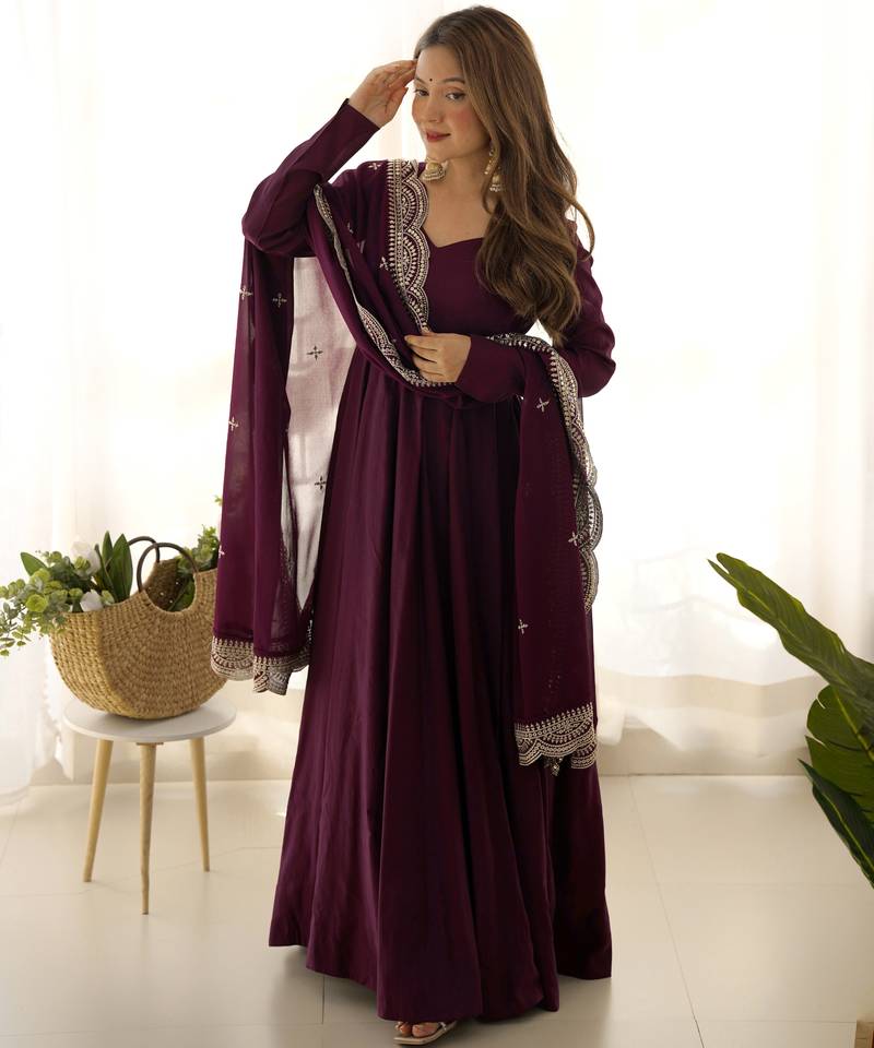 Wine festive wear designer heavy pure roman silk chanderi   readymade suit