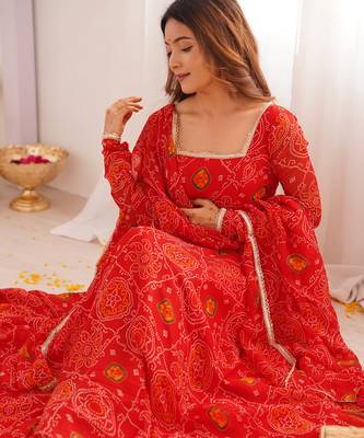 Red festive wear designer pure soft lightweight chiffon bandhej   readymade suit 2