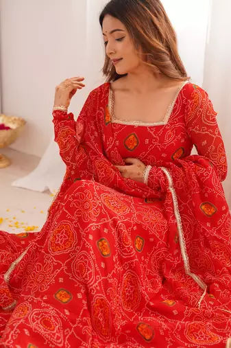 Red festive wear designer pure soft lightweight chiffon bandhej   readymade suit