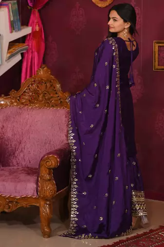 Purple festive wear designer chinon  heavy embroidery sequence work readymade suit