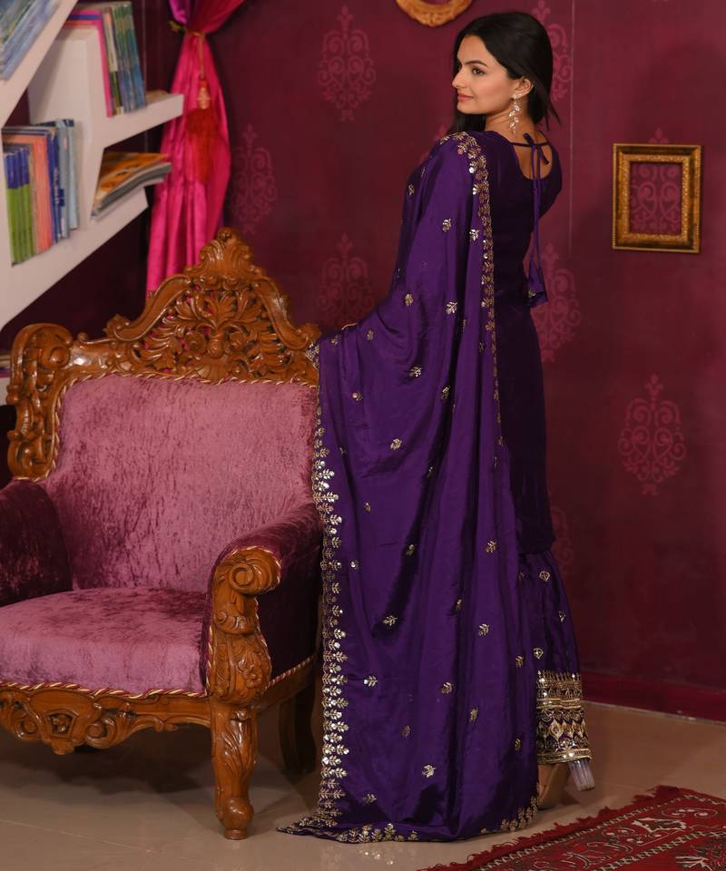 Purple festive wear designer chinon  heavy embroidery sequence work readymade suit
