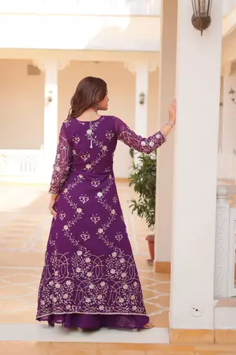 Purple festive wear designer fox georgette heavy sequence embroidery work readymade suit