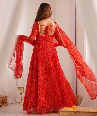 Red festive wear designer pure soft lightweight chiffon bandhej   readymade suit 3