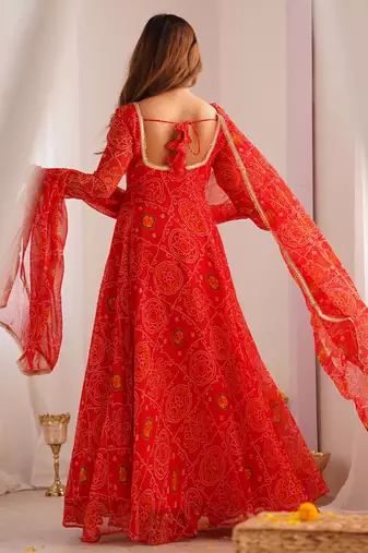 Red festive wear designer pure soft lightweight chiffon bandhej   readymade suit
