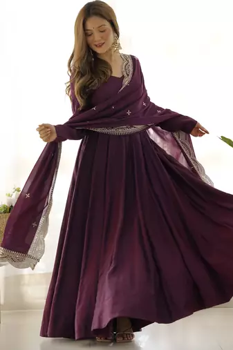 Wine festive wear designer heavy pure roman silk chanderi   readymade suit