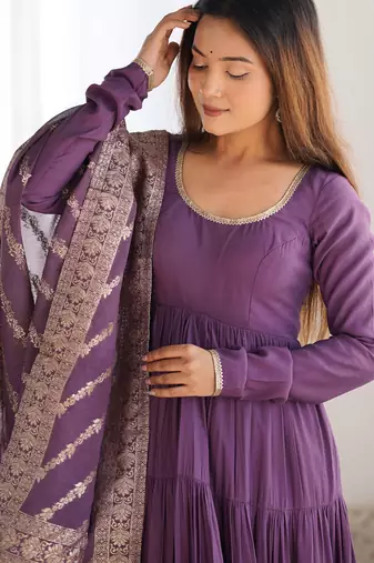Mauve festive wear designer heavy pure roman silk chanderi  readymade suit
