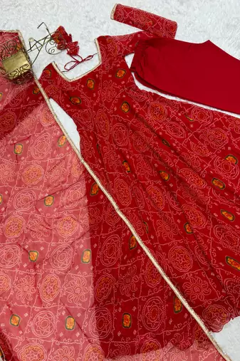 Red festive wear designer pure soft lightweight chiffon bandhej   readymade suit