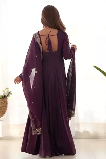 Wine festive wear designer heavy pure roman silk chanderi   readymade suit