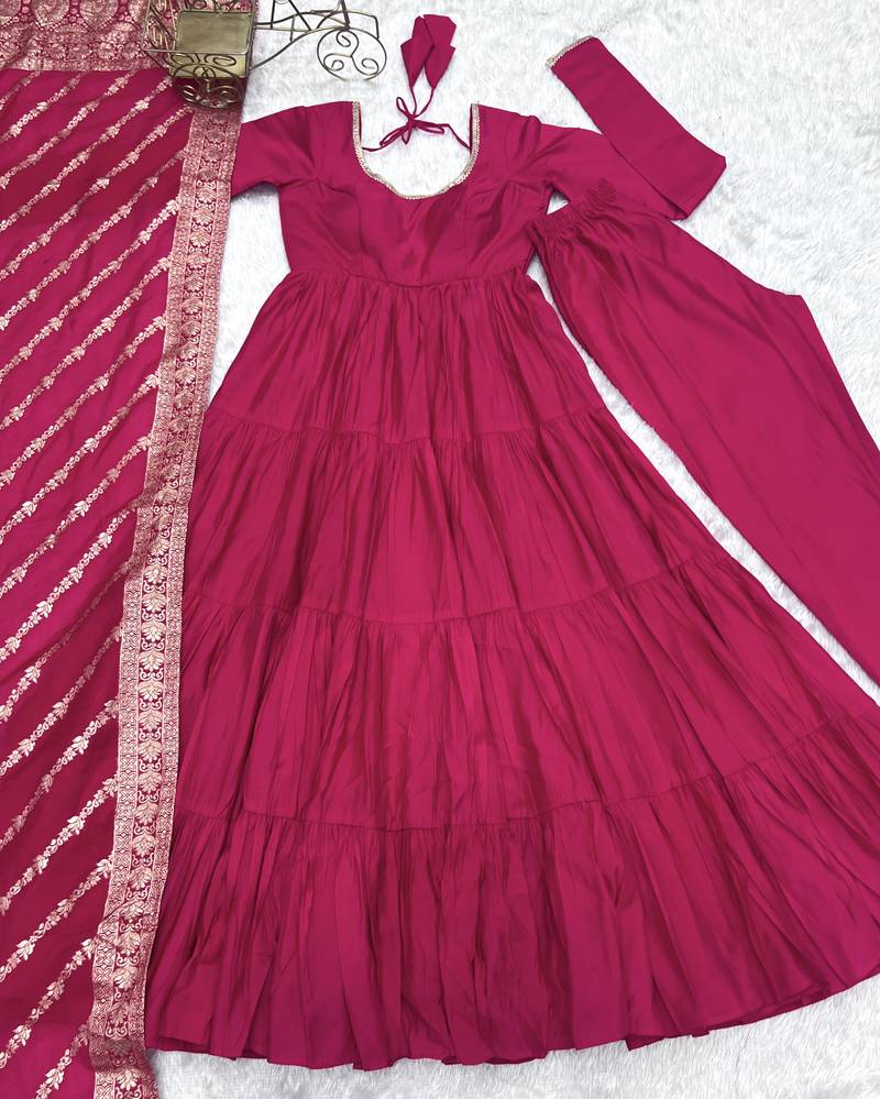 Pink festive wear designer heavy pure roman silk chanderi  readymade suit